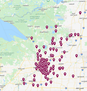 A map of Minnesota with cranberry pins dropped where cities have passed resolutions.